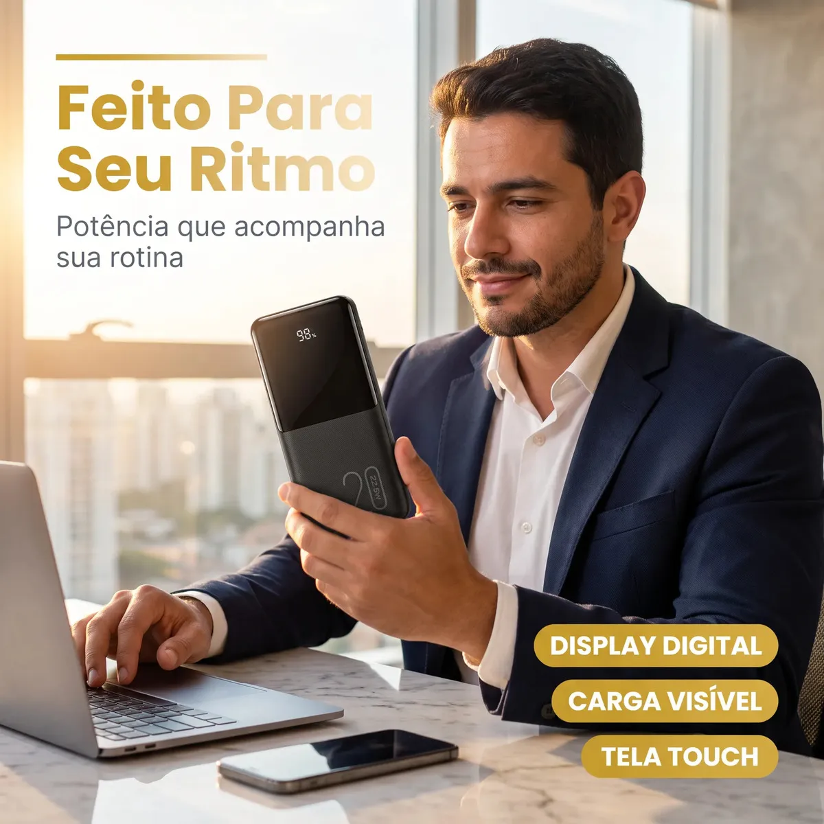 Power Bank 20000mAh Turbo 22,5W Carga Rápida 10V De Saída Com 4 Cabos Integrados Display De Nível De Bateria Alça Para Transporte Lanterna LED Proteção Contra Sobrecarga Carregador Portátil Preto - Imagem 2