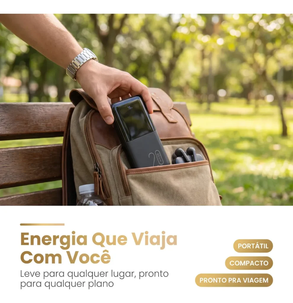 Power Bank 20000mAh Turbo 22,5W Carga Rápida 10V De Saída Com 4 Cabos Integrados Display De Nível De Bateria Alça Para Transporte Lanterna LED Proteção Contra Sobrecarga Carregador Portátil Preto