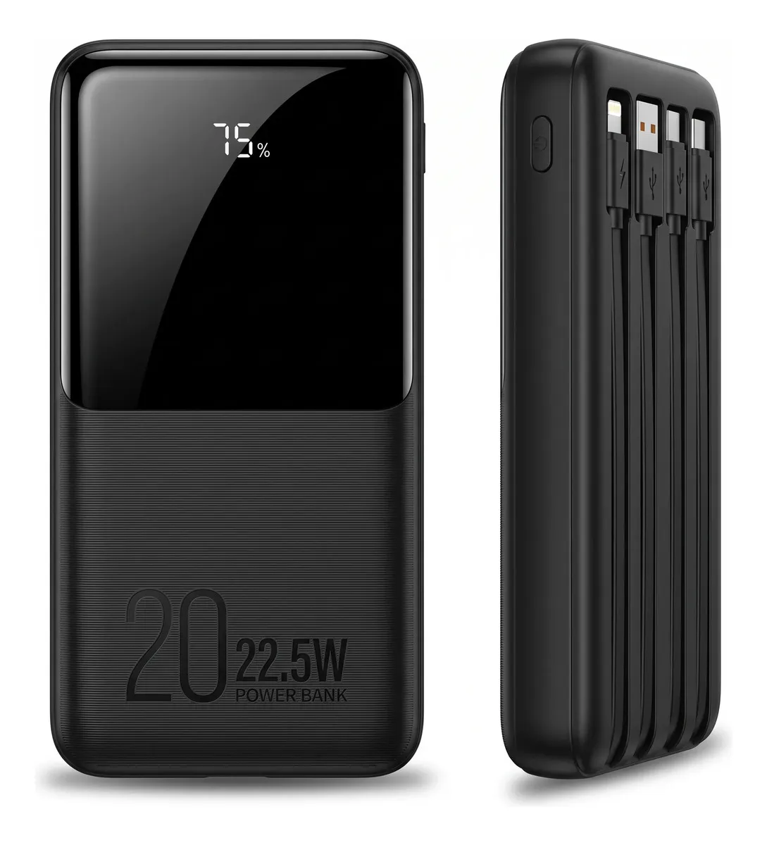 Power Bank 20000mAh Turbo 22,5W Carga Rápida 10V De Saída Com 4 Cabos Integrados Display De Nível De Bateria Alça Para Transporte Lanterna LED Proteção Contra Sobrecarga Carregador Portátil Preto - Imagem 4
